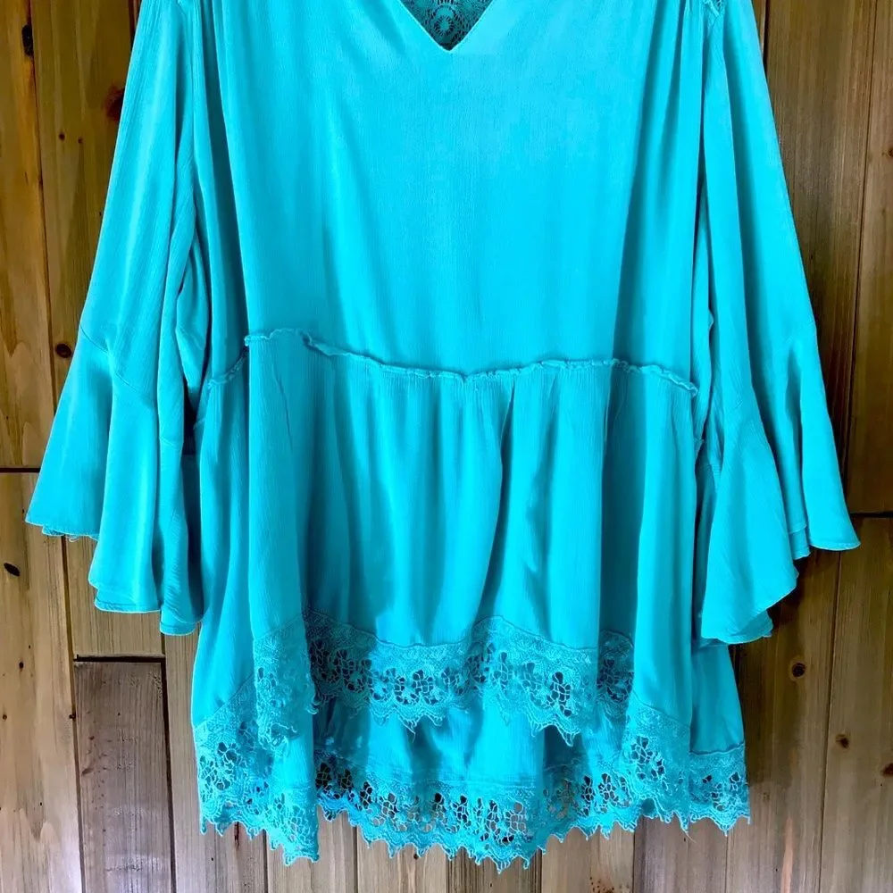 Democracy Womens Tunic Blouse Teal Top Lace 3/4 Sleeve Size 3X - Picture 5 of 16
